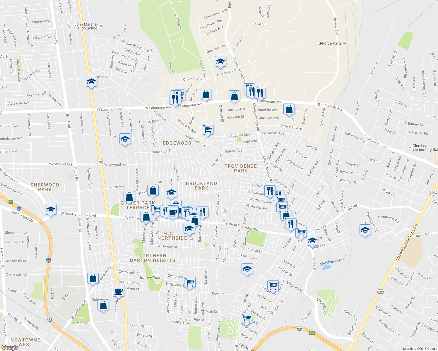 map of restaurants, bars, coffee shops, grocery stores, and more near 3225 Woodrow Avenue in Richmond
