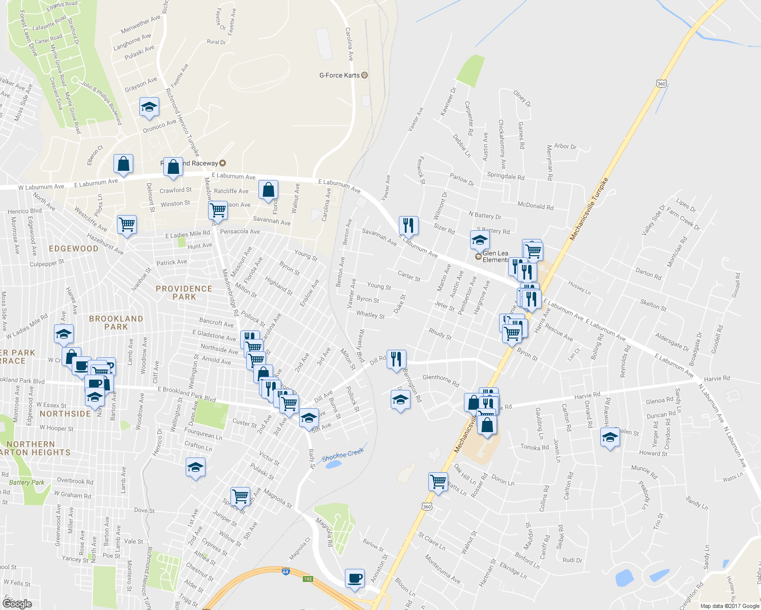 map of restaurants, bars, coffee shops, grocery stores, and more near 1509 Byron Street in Richmond