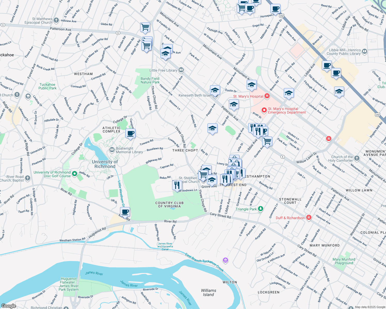 map of restaurants, bars, coffee shops, grocery stores, and more near 410 Saint Christopher's Road in Richmond