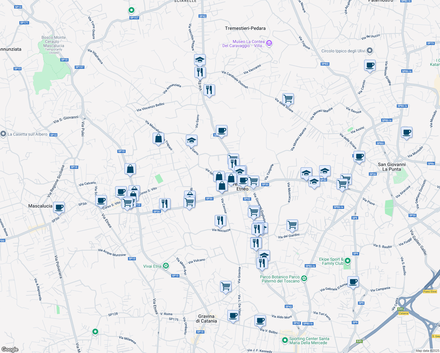 map of restaurants, bars, coffee shops, grocery stores, and more near 65 Via Vito Scalia in Tremestieri Etneo
