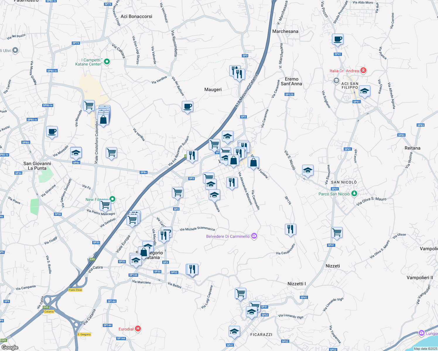 map of restaurants, bars, coffee shops, grocery stores, and more near 49 Via G. Bonaventura in Valverde