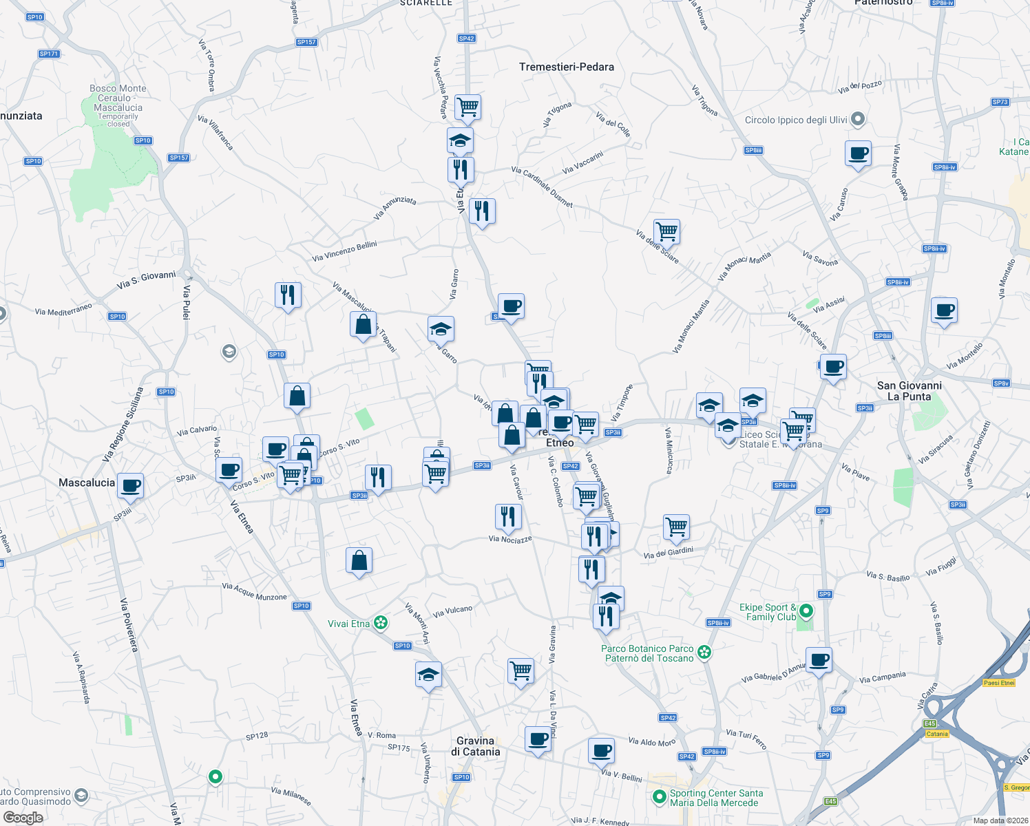 map of restaurants, bars, coffee shops, grocery stores, and more near 65 Via Vito Scalia in Tremestieri Etneo