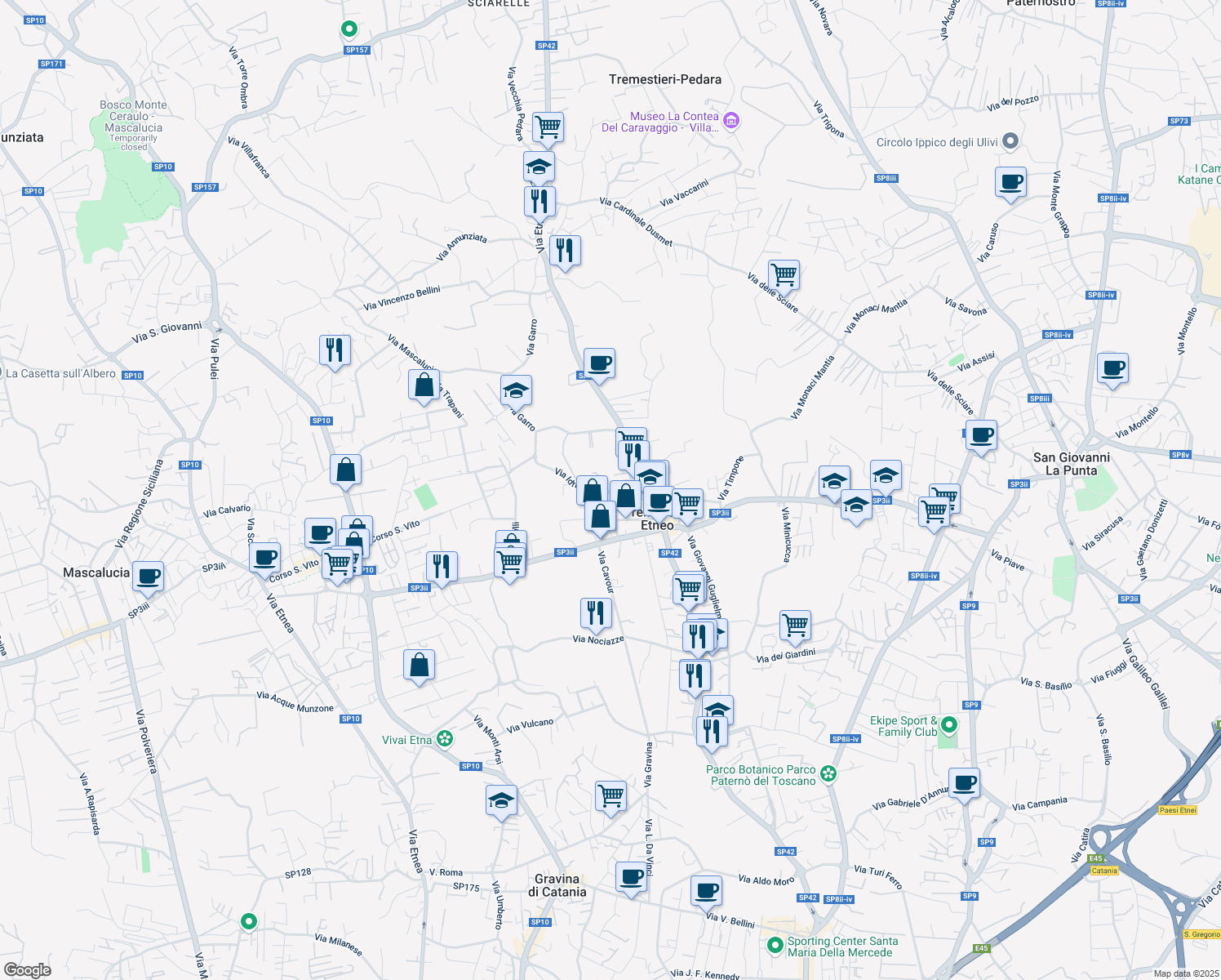 map of restaurants, bars, coffee shops, grocery stores, and more near 65 Via Vito Scalia in Tremestieri Etneo