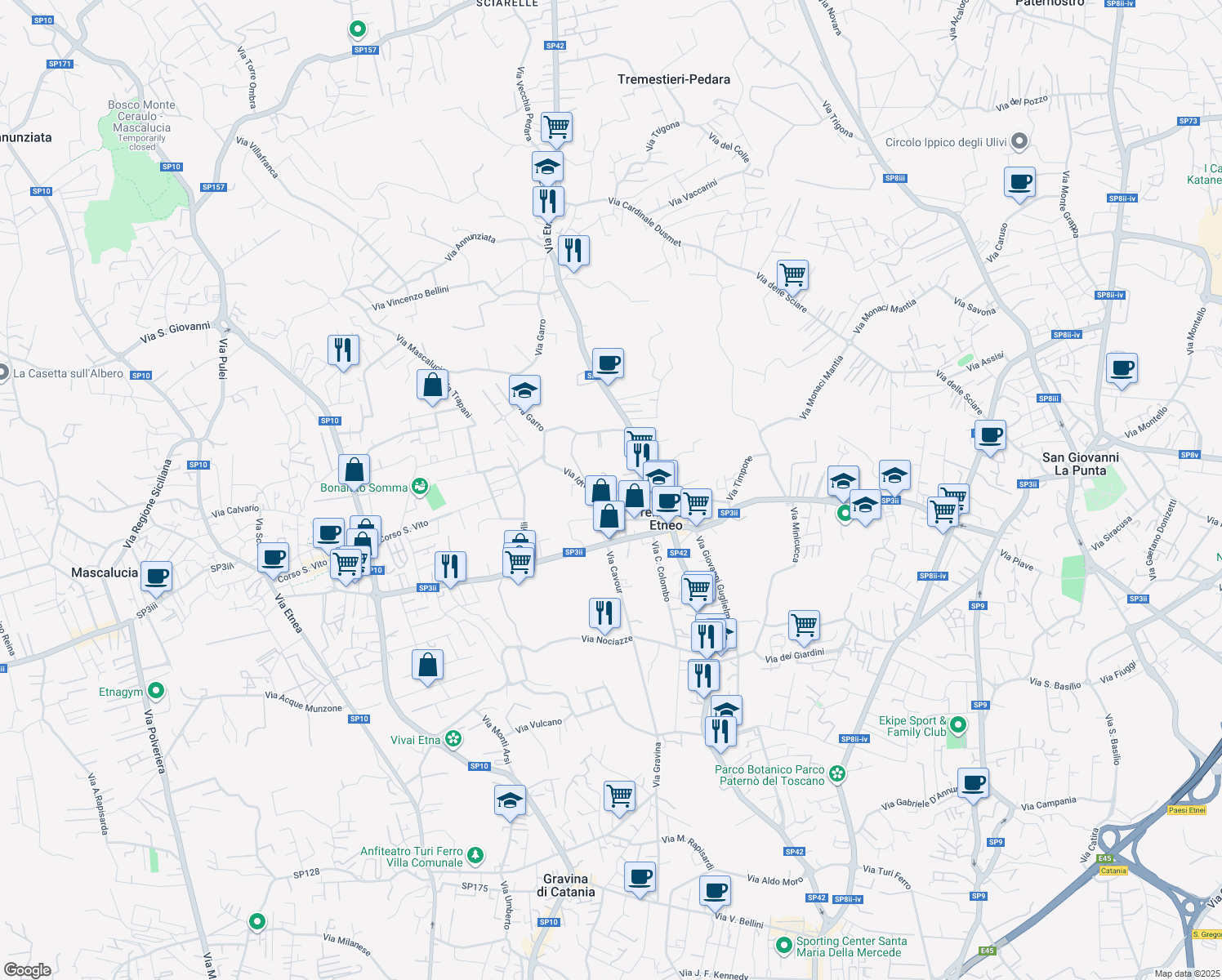 map of restaurants, bars, coffee shops, grocery stores, and more near 65 Via Vito Scalia in Tremestieri Etneo
