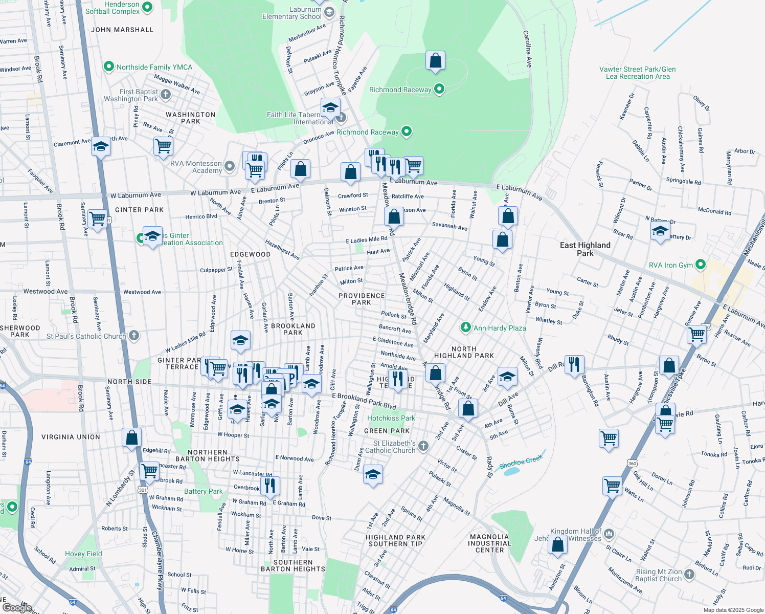 map of restaurants, bars, coffee shops, grocery stores, and more near 3306 Wellington Street in Richmond