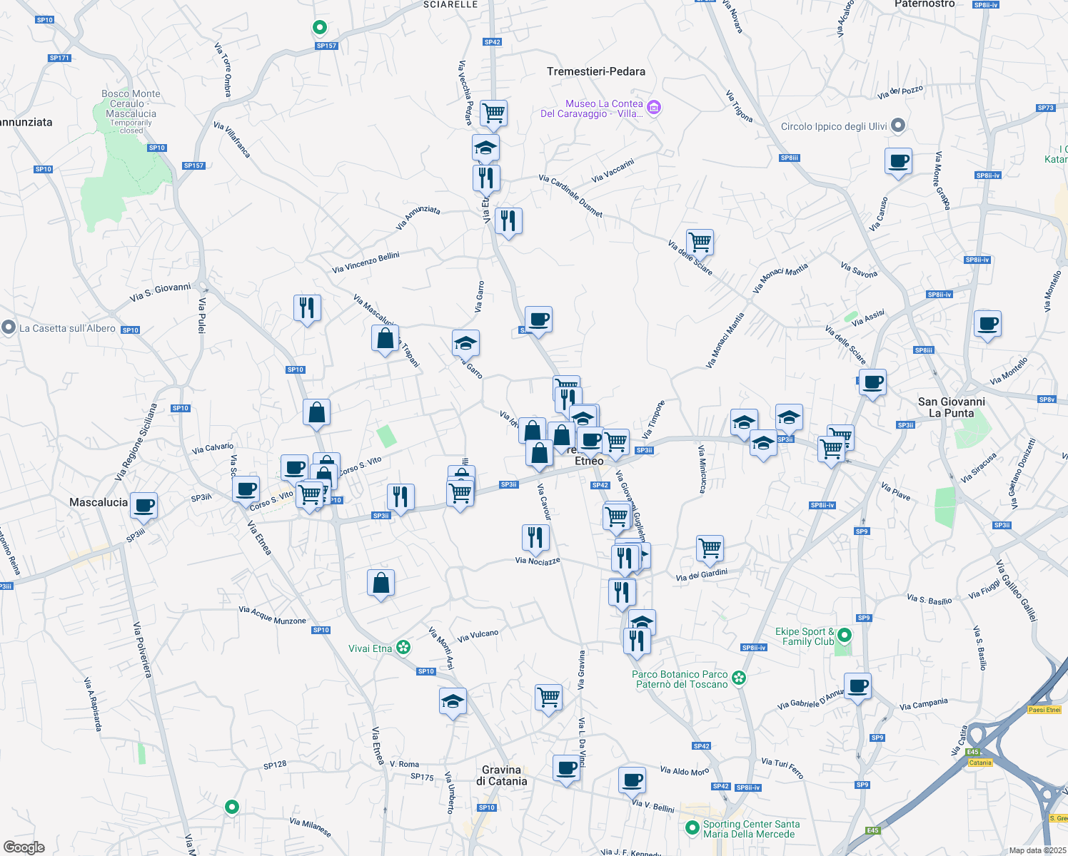 map of restaurants, bars, coffee shops, grocery stores, and more near 65 Via Vito Scalia in Tremestieri Etneo