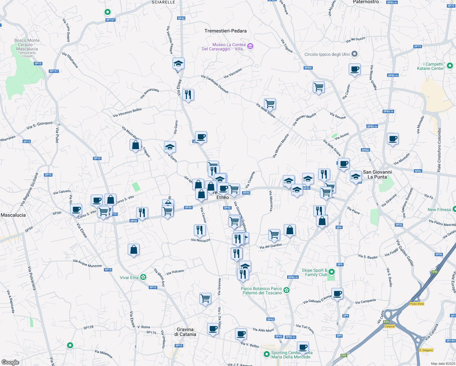 map of restaurants, bars, coffee shops, grocery stores, and more near 30 Via Marletta in Tremestieri Etneo