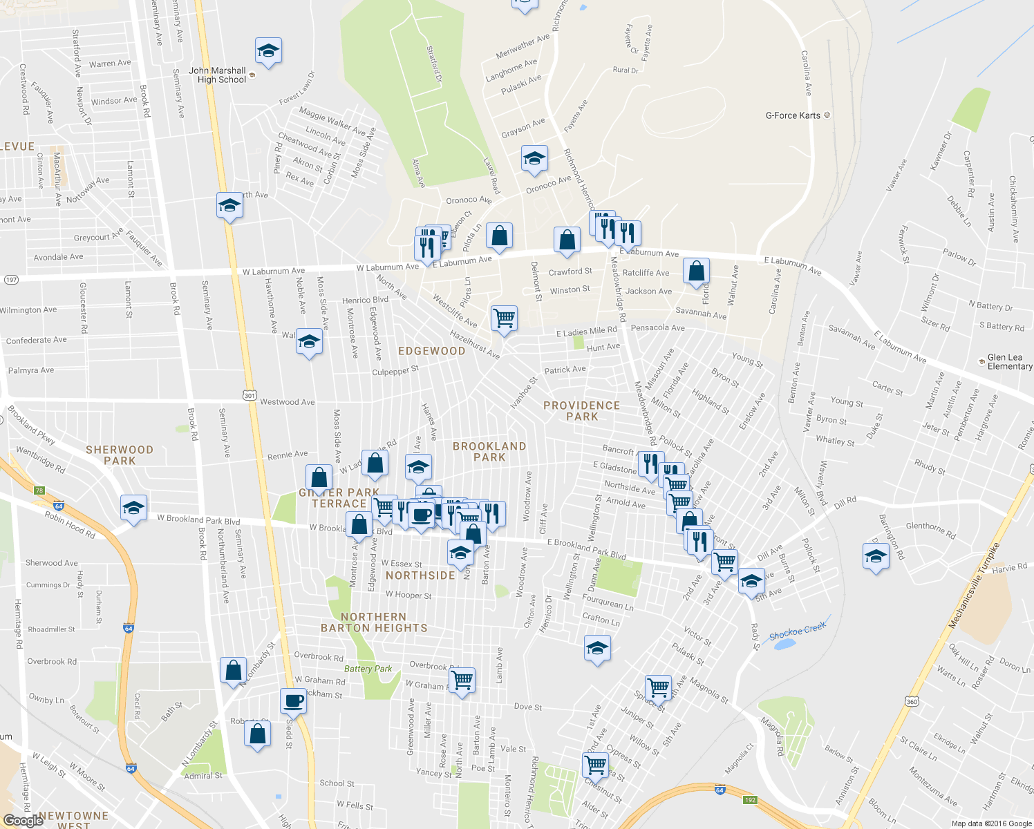 map of restaurants, bars, coffee shops, grocery stores, and more near 3239 Woodrow Avenue in Richmond