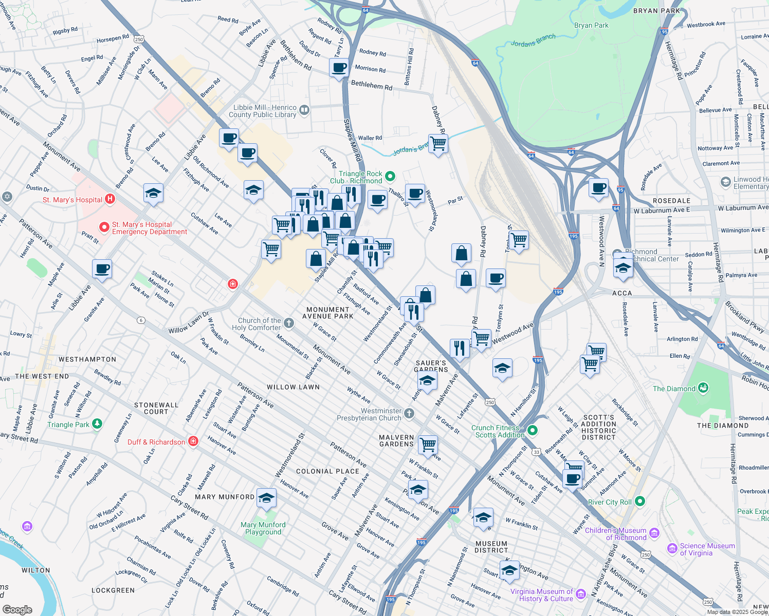 map of restaurants, bars, coffee shops, grocery stores, and more near 4602 Radford Avenue in Richmond