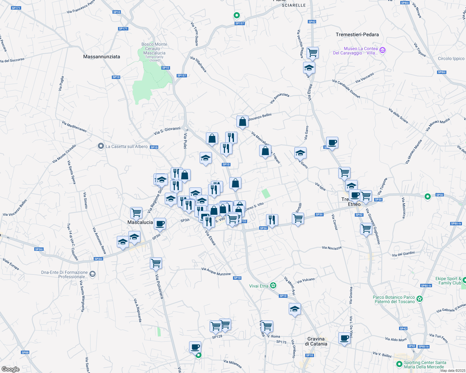 map of restaurants, bars, coffee shops, grocery stores, and more near 7 Via Acireale in Tremestieri Etneo