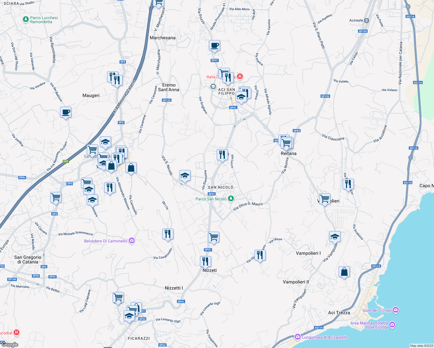 map of restaurants, bars, coffee shops, grocery stores, and more near 165 Via Nizzeti in Aci Catena