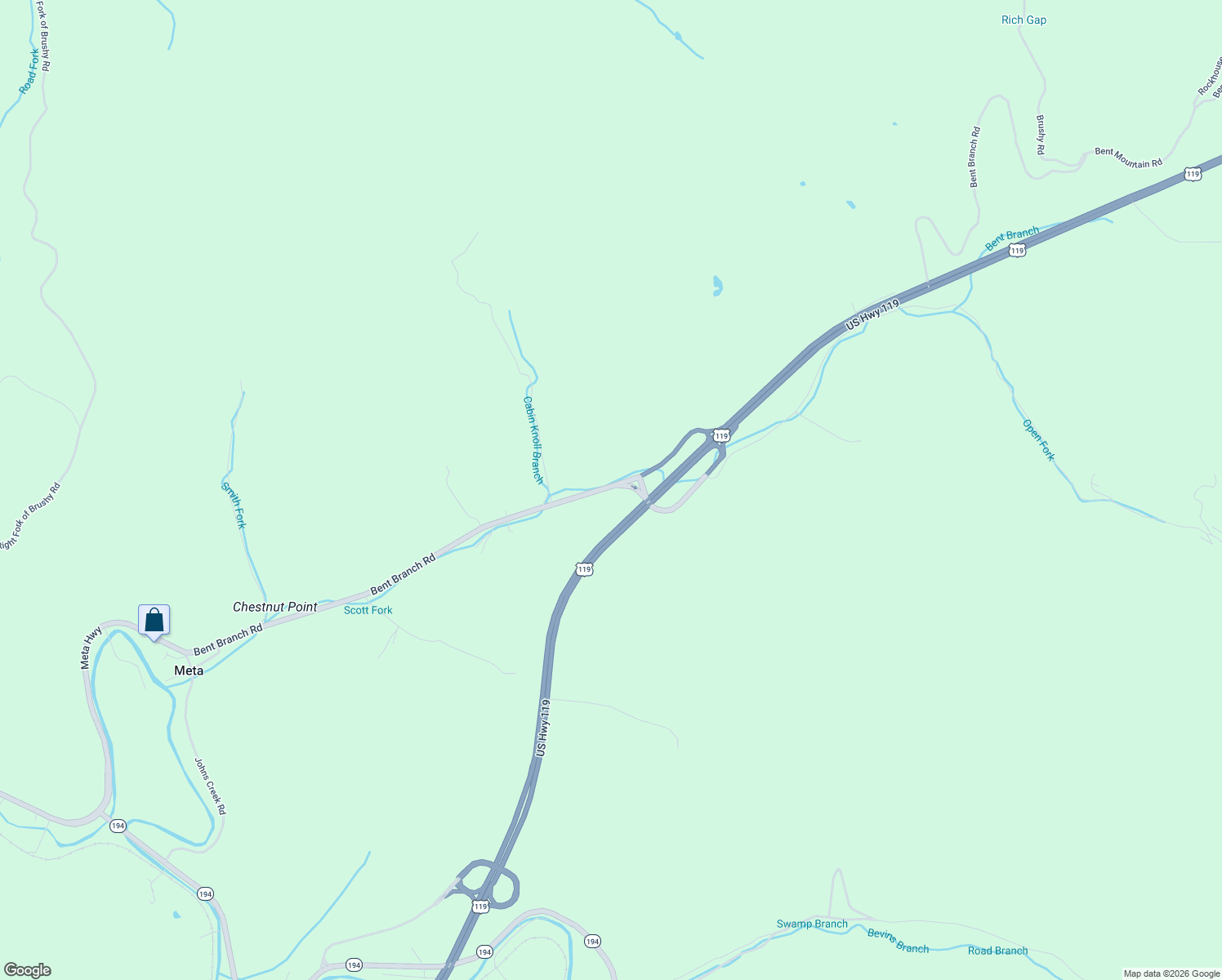 map of restaurants, bars, coffee shops, grocery stores, and more near 11310-11378 Bent Branch Road in Pikeville