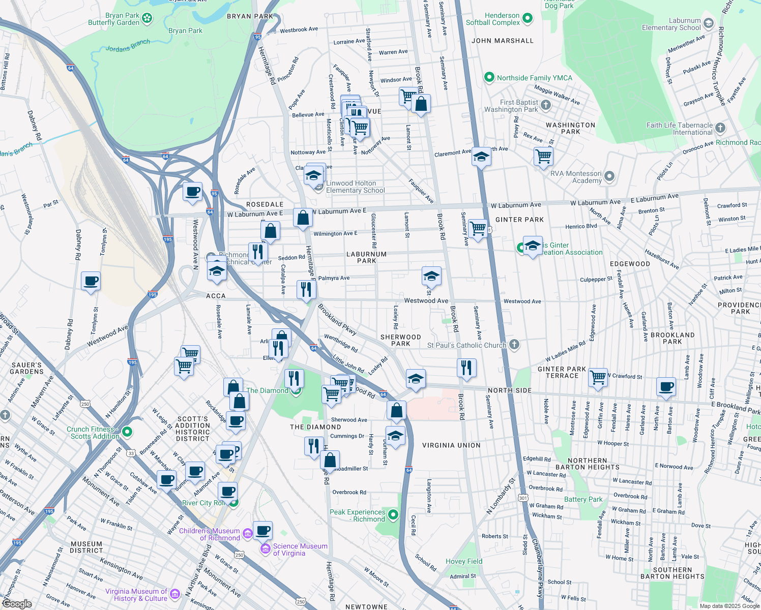 map of restaurants, bars, coffee shops, grocery stores, and more near 1411 Westwood Avenue in Richmond