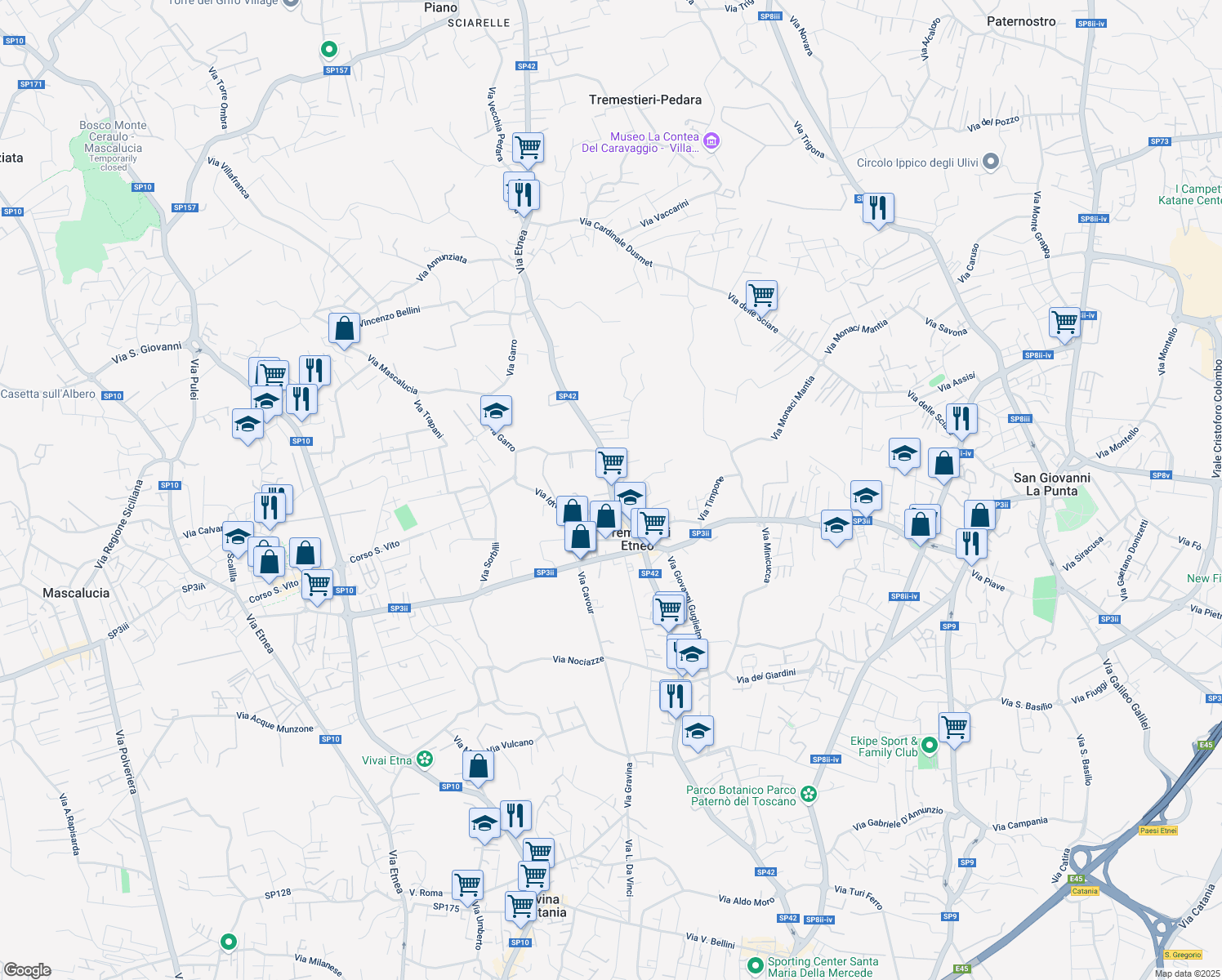 map of restaurants, bars, coffee shops, grocery stores, and more near 358 Via Etnea in Tremestieri Etneo