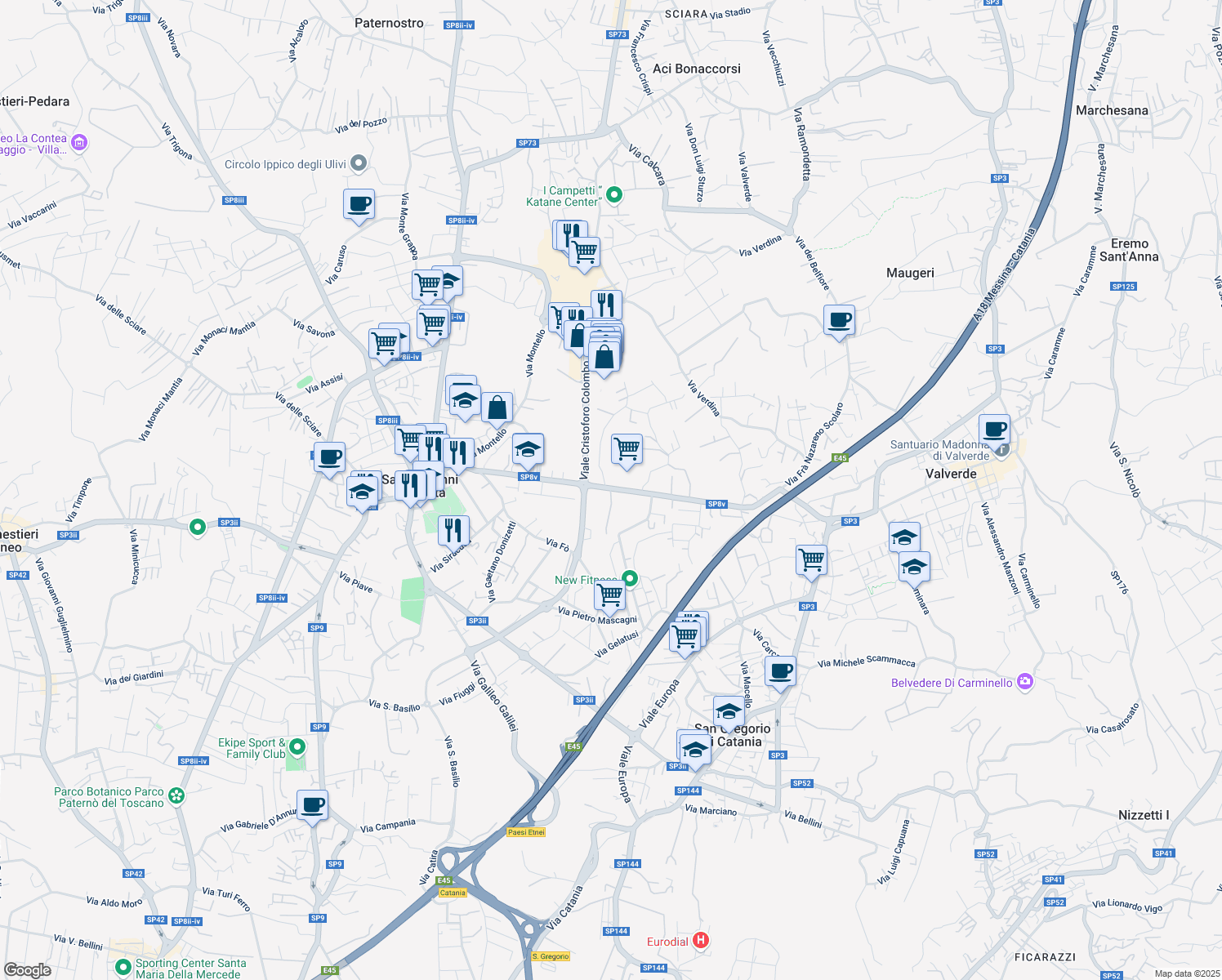 map of restaurants, bars, coffee shops, grocery stores, and more near 38 Via Morgioni in San Giovanni La Punta
