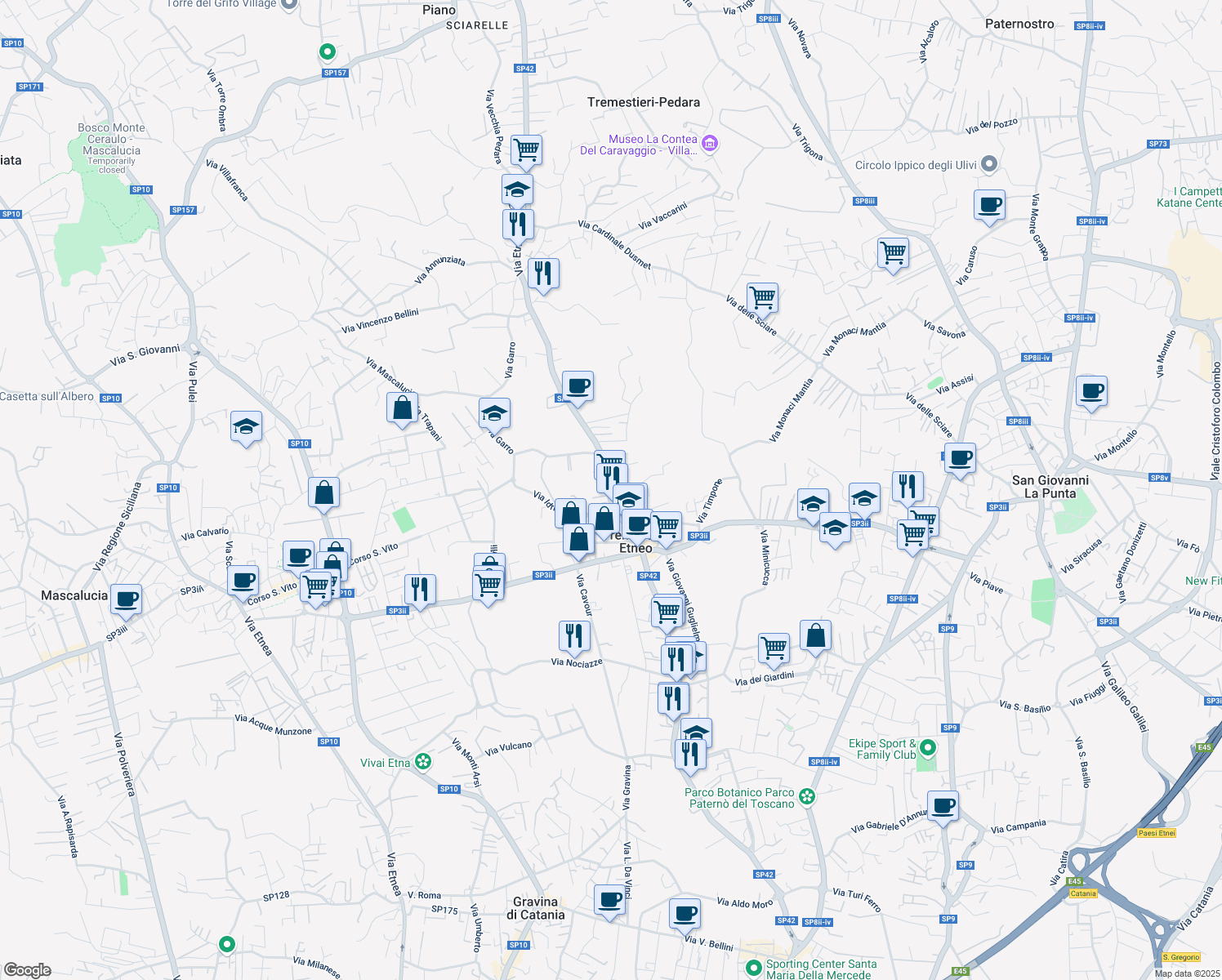 map of restaurants, bars, coffee shops, grocery stores, and more near 358 Via Etnea in Tremestieri Etneo