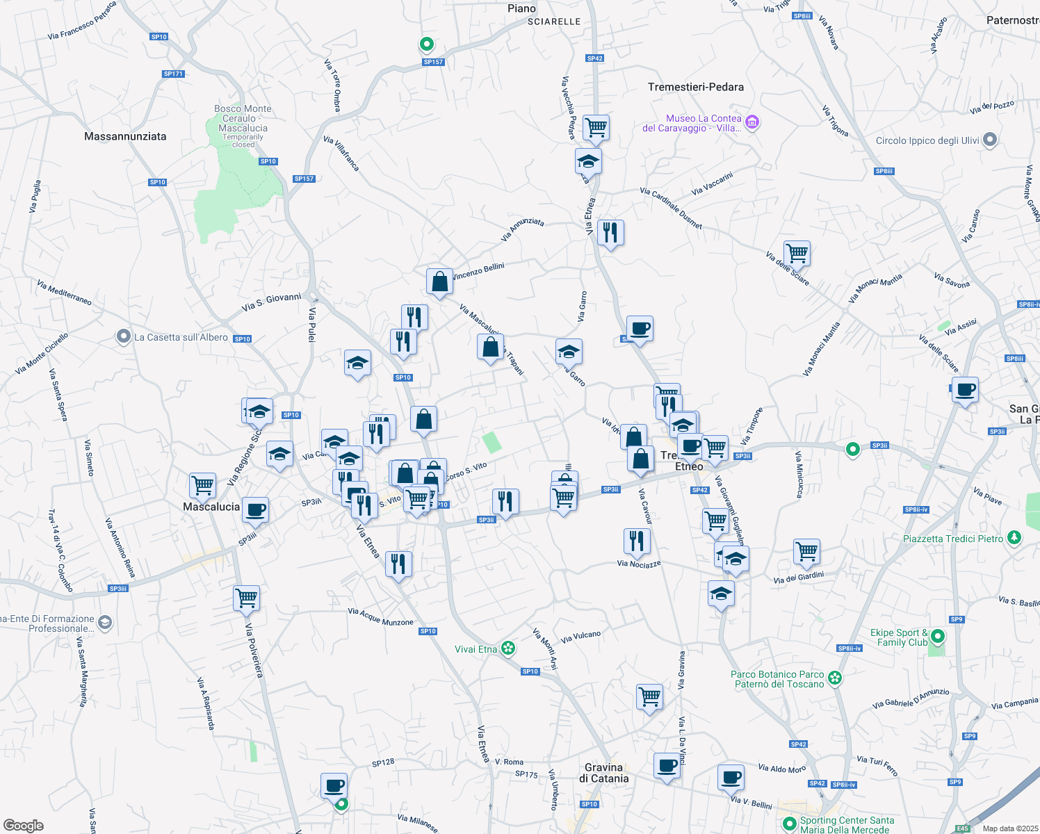 map of restaurants, bars, coffee shops, grocery stores, and more near 20A Via Enna in Tremestieri Etneo