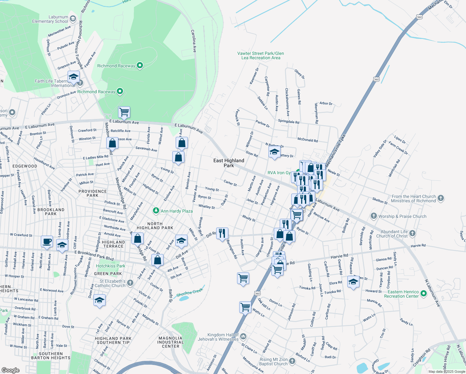map of restaurants, bars, coffee shops, grocery stores, and more near 1601 Carter Street in Richmond