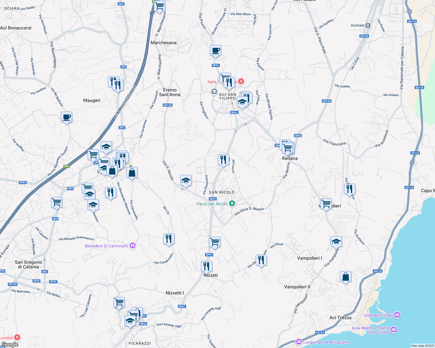 map of restaurants, bars, coffee shops, grocery stores, and more near 165 Via Nizzeti in Aci Catena