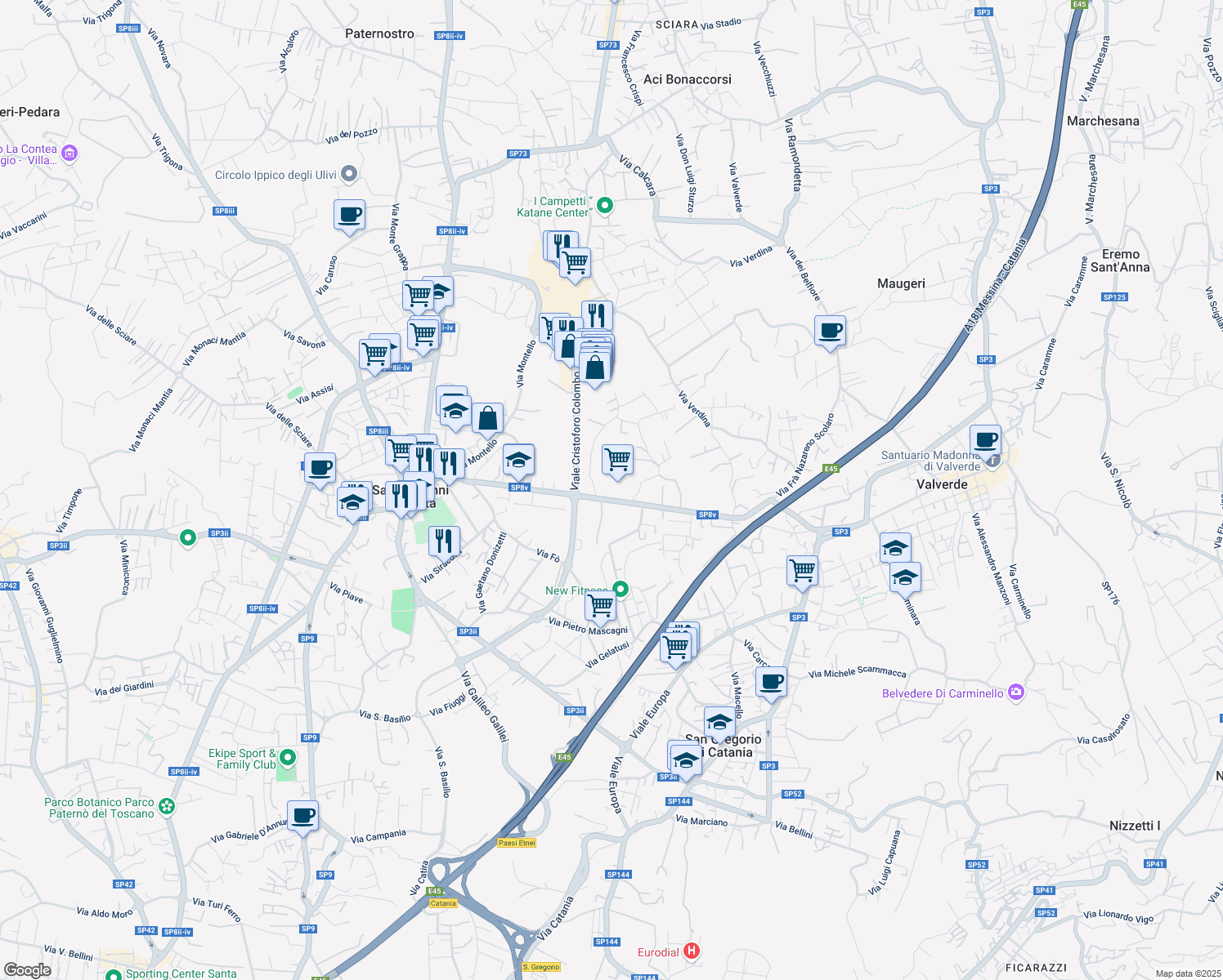 map of restaurants, bars, coffee shops, grocery stores, and more near 38 Via Morgioni in San Giovanni La Punta