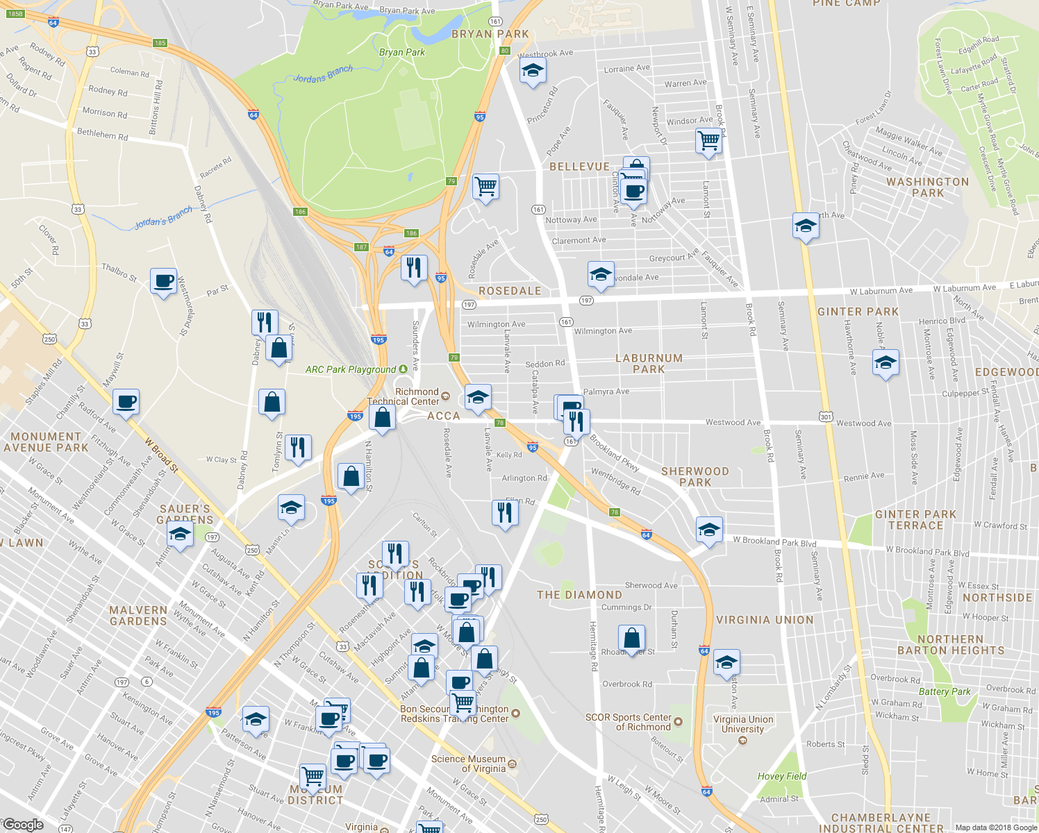 map of restaurants, bars, coffee shops, grocery stores, and more near 1810 Westwood Avenue in Richmond
