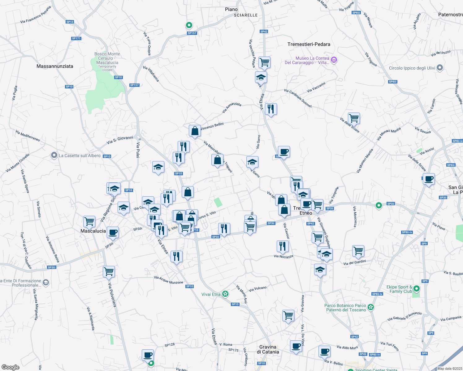 map of restaurants, bars, coffee shops, grocery stores, and more near 20A Via Enna in Tremestieri Etneo