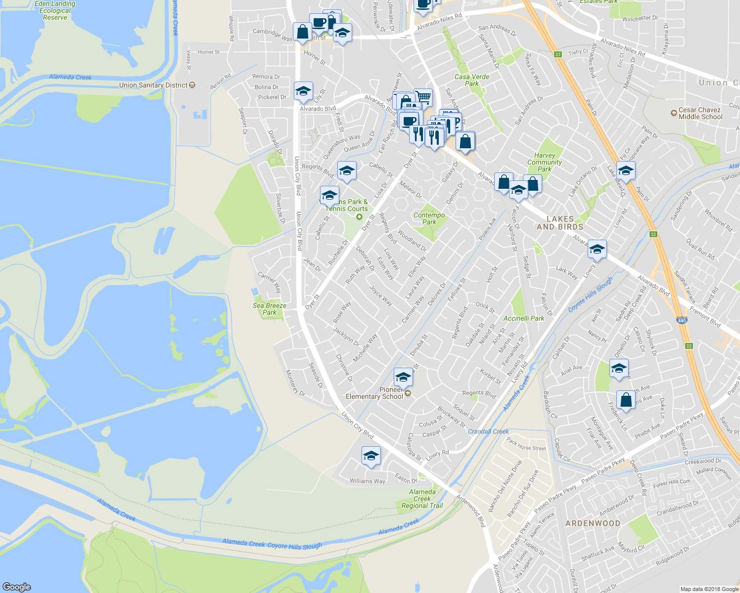 map of restaurants, bars, coffee shops, grocery stores, and more near 32441 Elizabeth Way in Union City