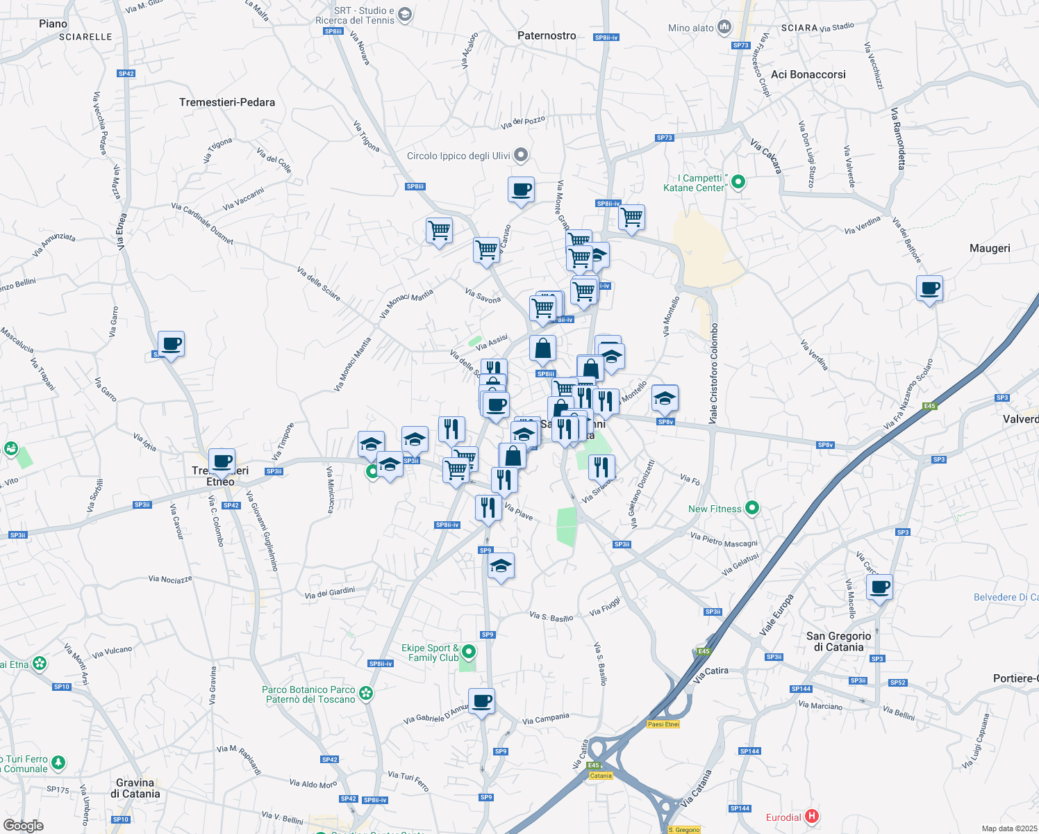 map of restaurants, bars, coffee shops, grocery stores, and more near 53 Via Pennisi in San Giovanni La Punta