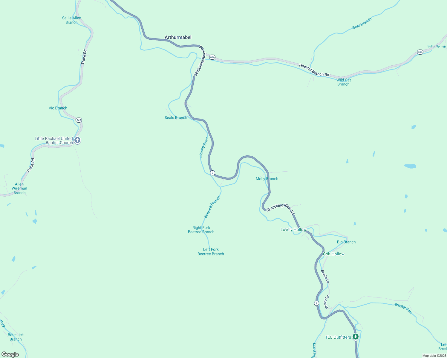 map of restaurants, bars, coffee shops, grocery stores, and more near Beetree Branch Road in Magoffin County