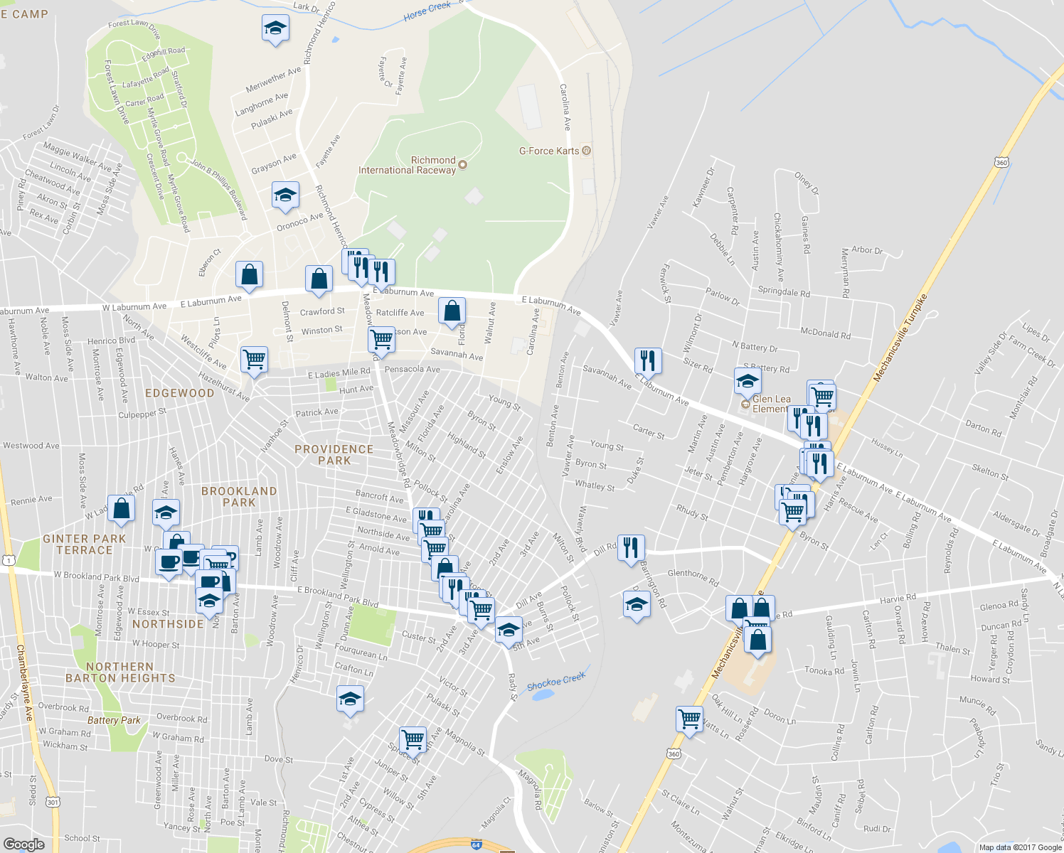 map of restaurants, bars, coffee shops, grocery stores, and more near 3617 Enslow Avenue in Richmond