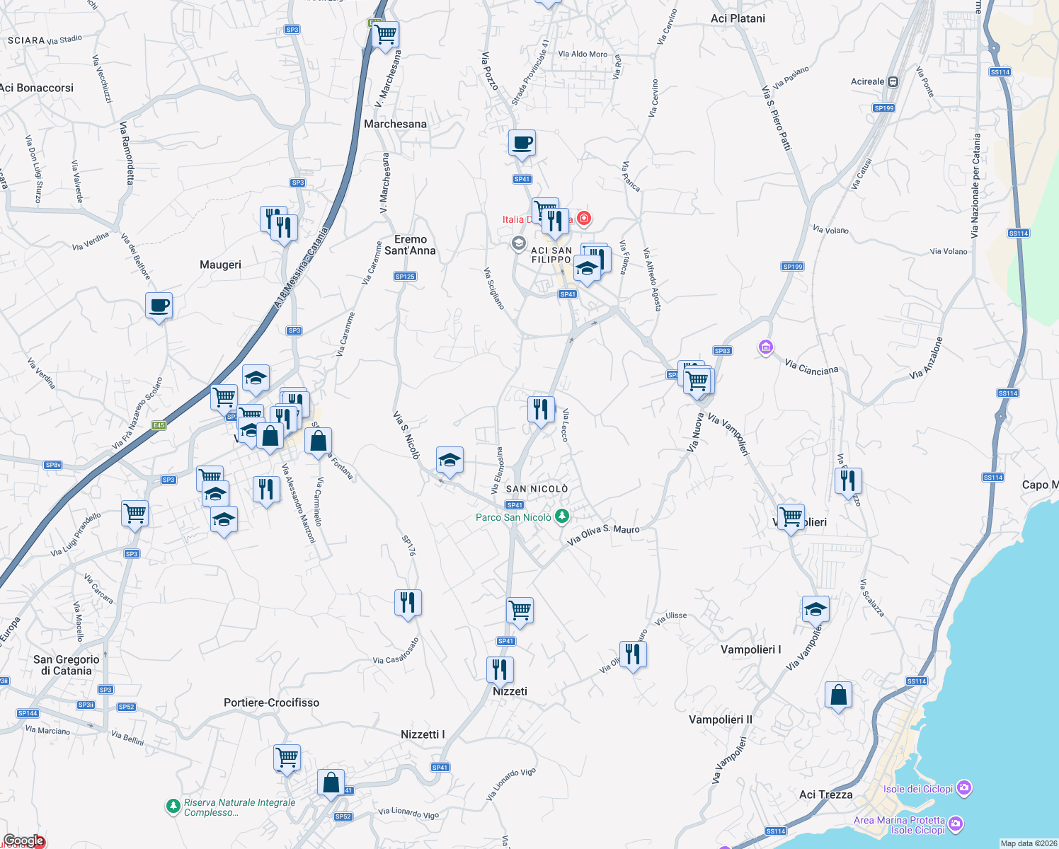 map of restaurants, bars, coffee shops, grocery stores, and more near 16 Via Dafni in Aci Catena