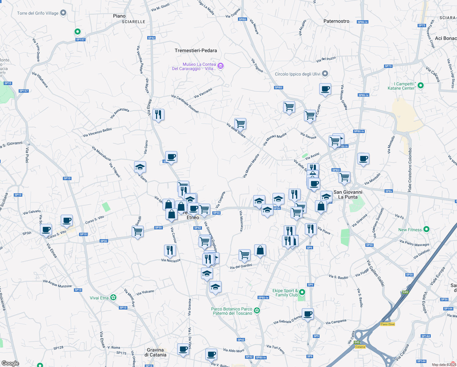 map of restaurants, bars, coffee shops, grocery stores, and more near 74 Via Monaci Mantia in Città metropolitana di Catania