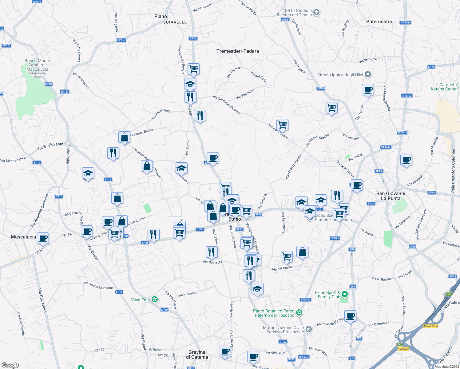 map of restaurants, bars, coffee shops, grocery stores, and more near 390 Via Etnea in Tremestieri Etneo