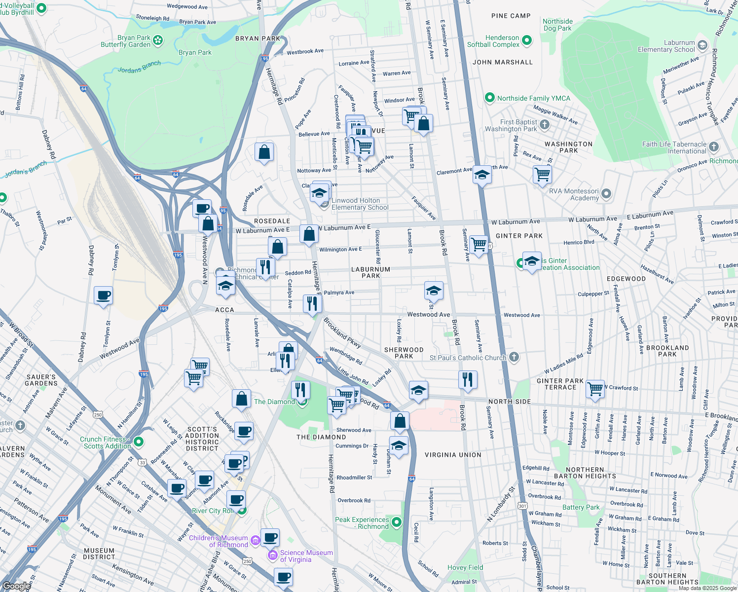 map of restaurants, bars, coffee shops, grocery stores, and more near 1507 Palmyra Avenue in Richmond