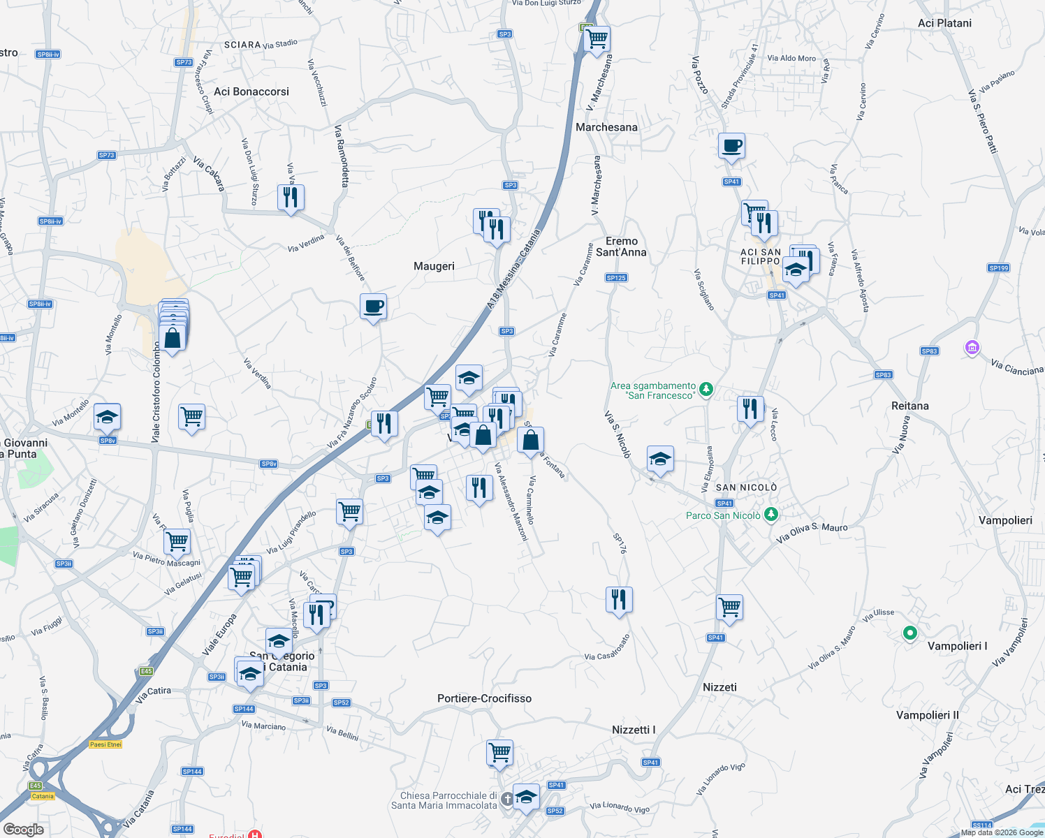 map of restaurants, bars, coffee shops, grocery stores, and more near 14 Corso Vittorio Emanuele in Valverde