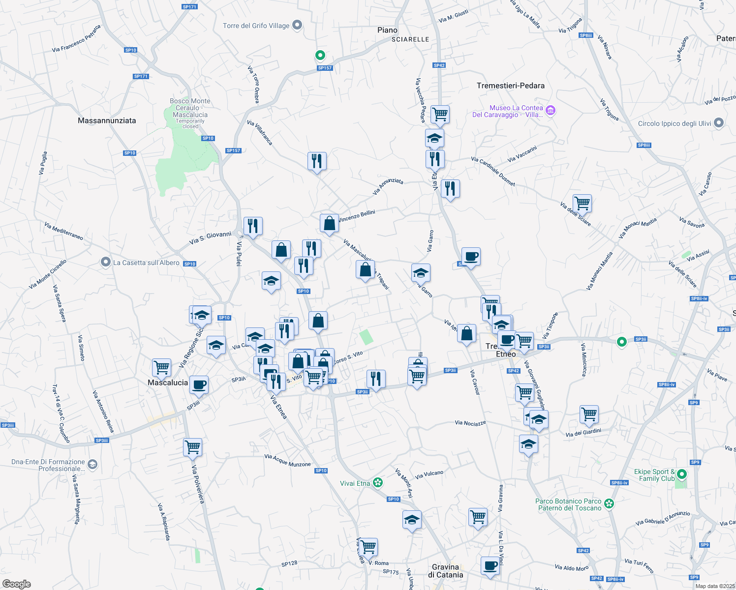 map of restaurants, bars, coffee shops, grocery stores, and more near 7 Via Acireale in Tremestieri Etneo