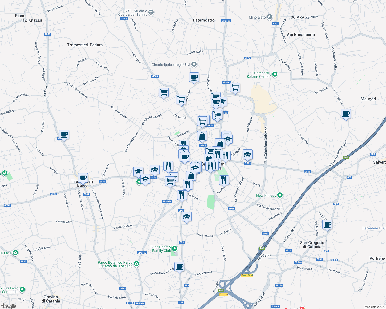 map of restaurants, bars, coffee shops, grocery stores, and more near 53 Via Pennisi in San Giovanni La Punta