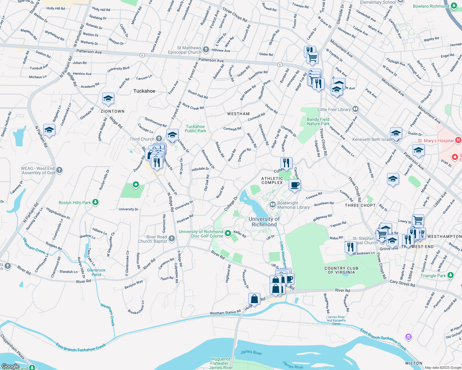 map of restaurants, bars, coffee shops, grocery stores, and more near 6801 Lakewood Drive in Richmond