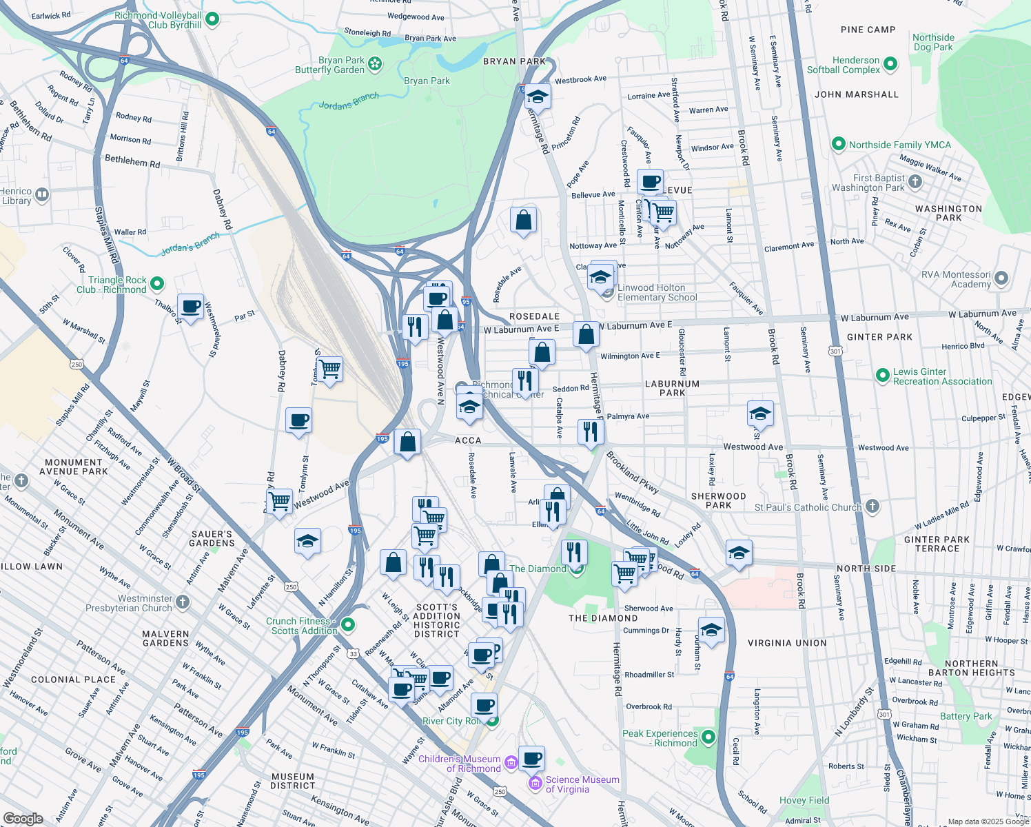 map of restaurants, bars, coffee shops, grocery stores, and more near 1911 Elmsmere Avenue in Richmond
