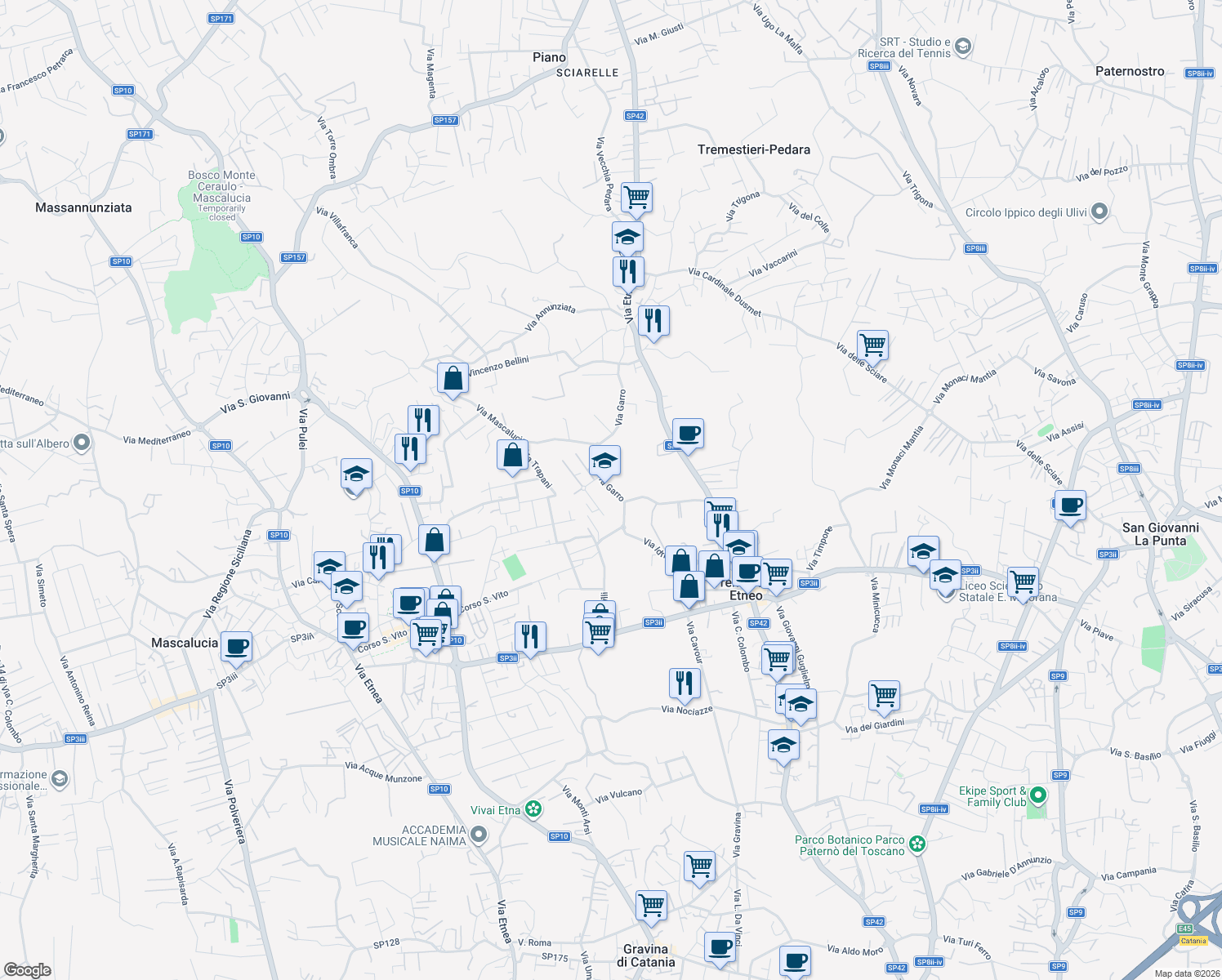 map of restaurants, bars, coffee shops, grocery stores, and more near 86 Via Garro in Tremestieri Etneo