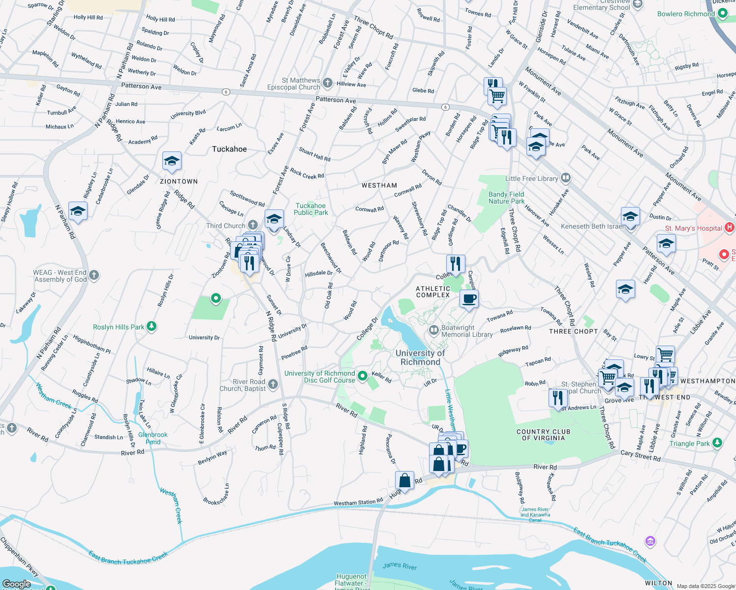 map of restaurants, bars, coffee shops, grocery stores, and more near 6805 Lakewood Drive in Richmond