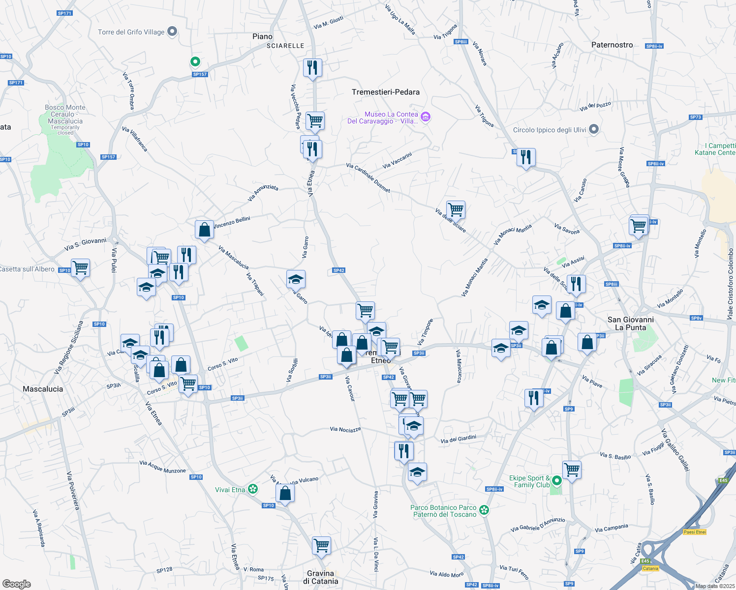 map of restaurants, bars, coffee shops, grocery stores, and more near 390 Via Etnea in Tremestieri Etneo