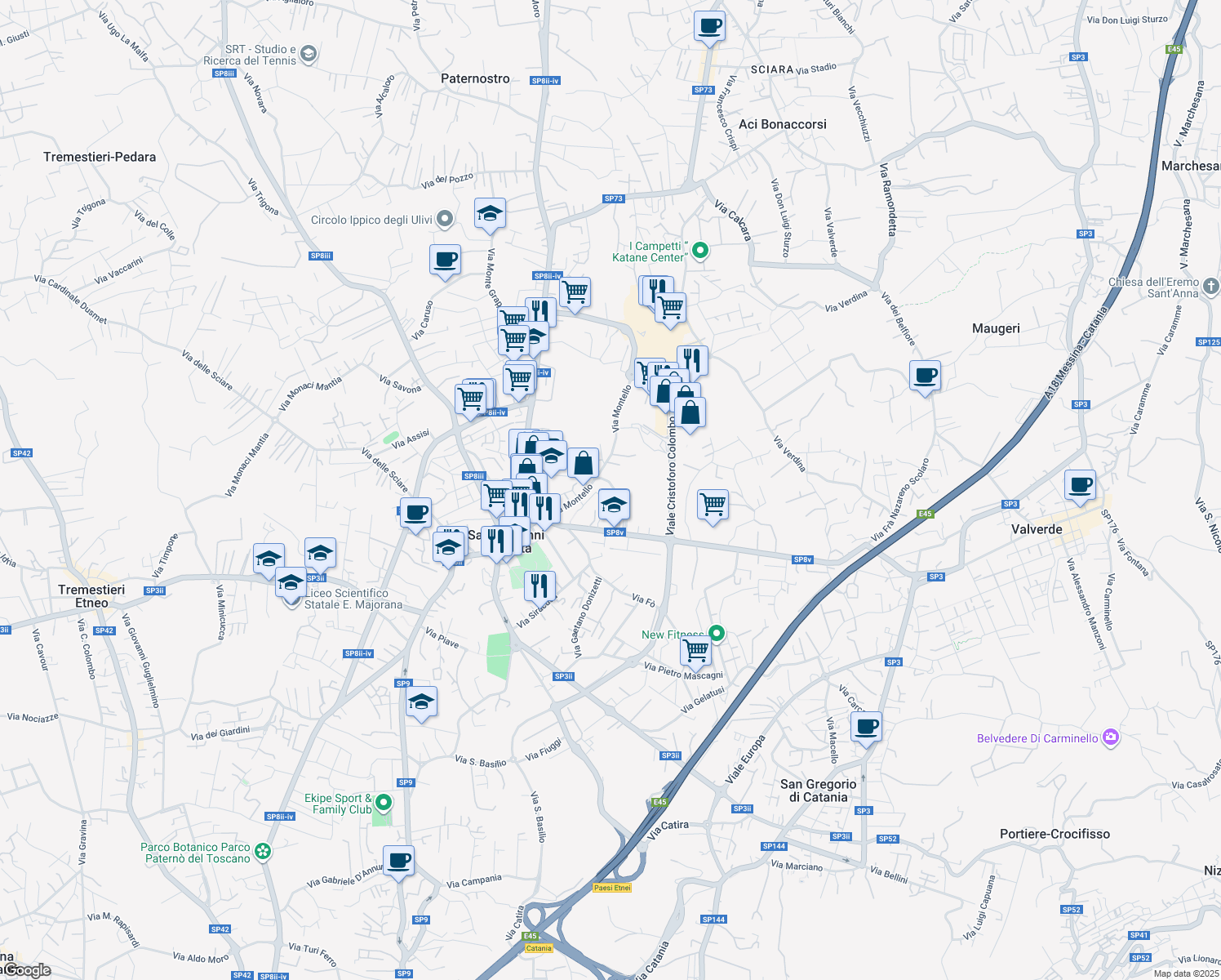 map of restaurants, bars, coffee shops, grocery stores, and more near 33C Via Montello in San Giovanni La Punta