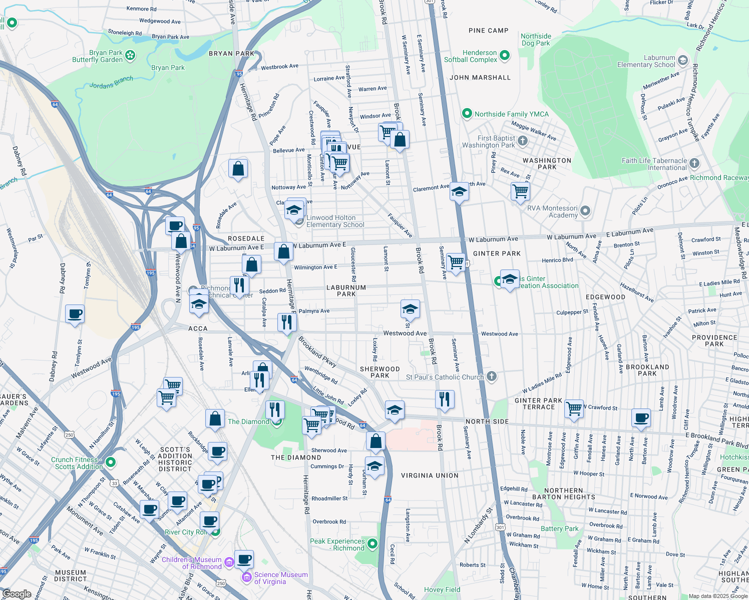 map of restaurants, bars, coffee shops, grocery stores, and more near 1404 Palmyra Ave in Richmond
