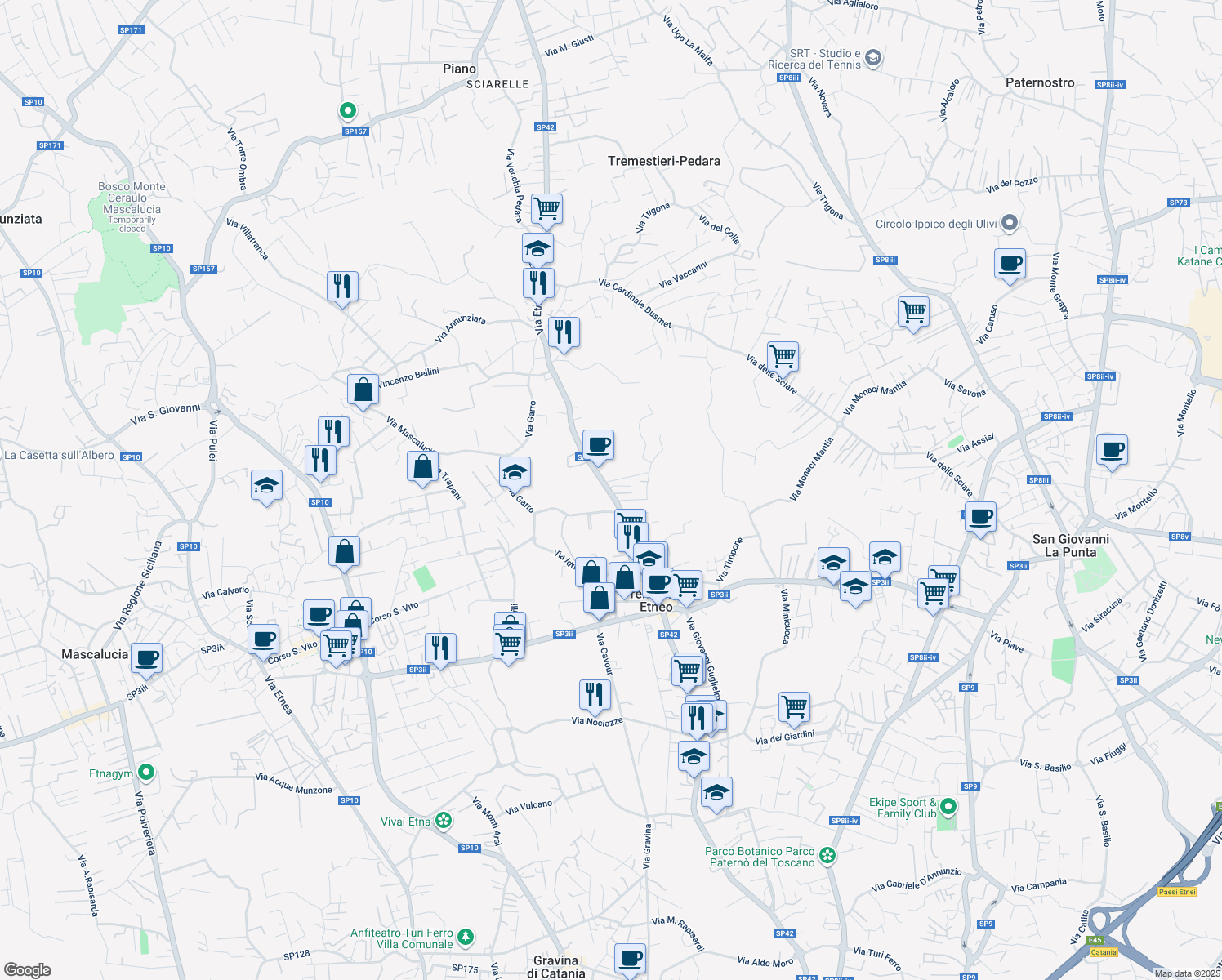 map of restaurants, bars, coffee shops, grocery stores, and more near 400 Via Etnea in Tremestieri Etneo