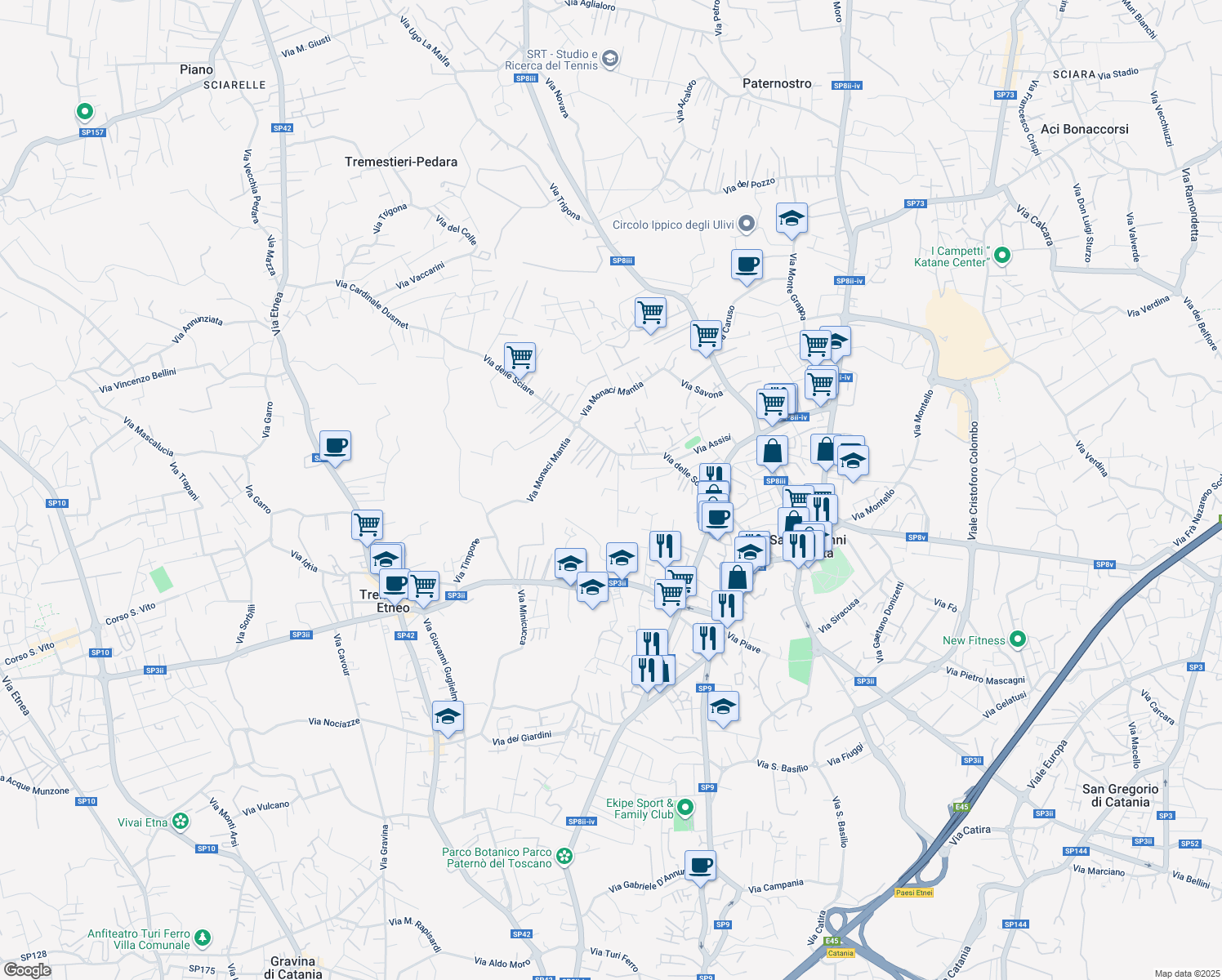 map of restaurants, bars, coffee shops, grocery stores, and more near 10 Via Ponente in Città metropolitana di Catania