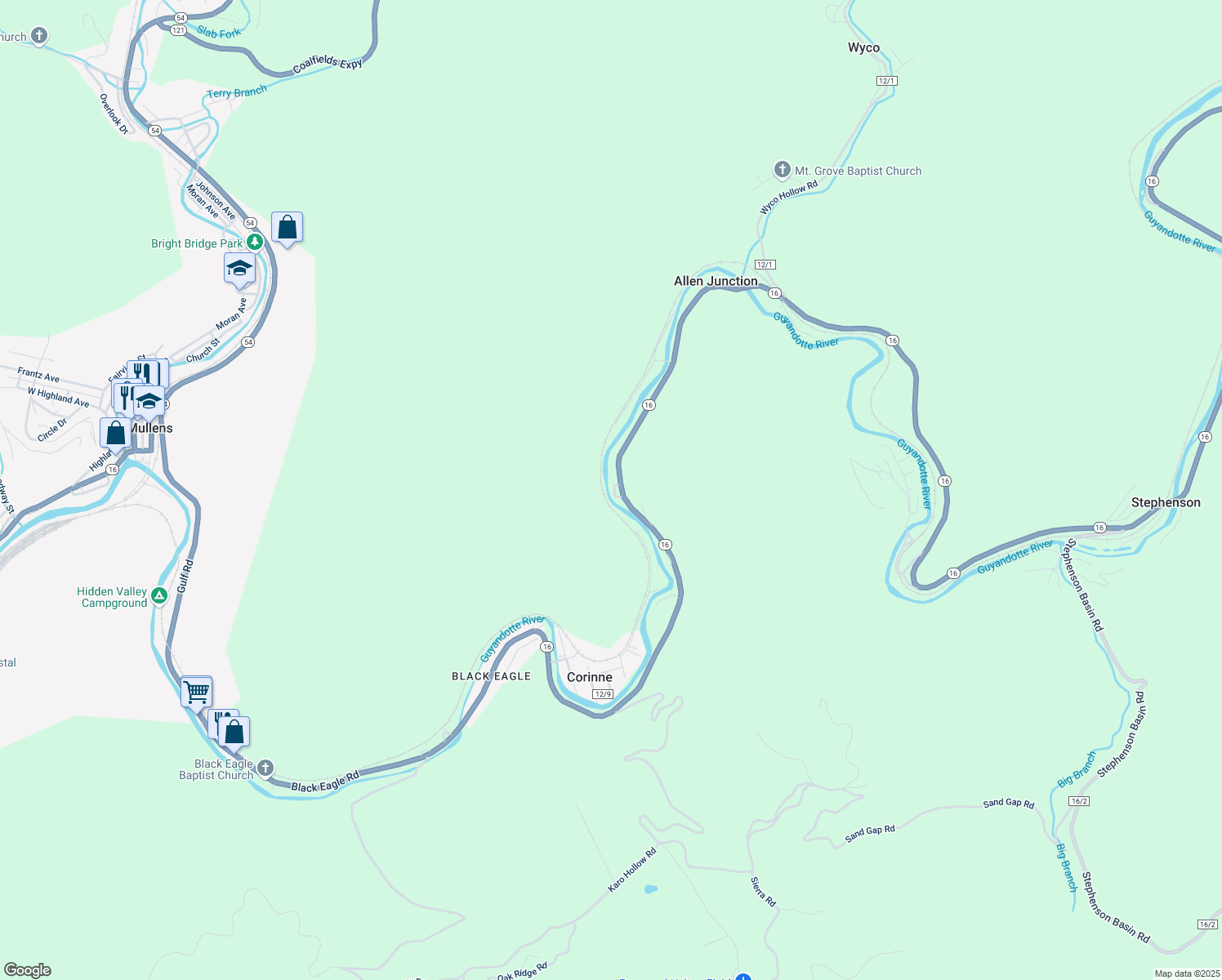 map of restaurants, bars, coffee shops, grocery stores, and more near West Virginia 16 in Mullens