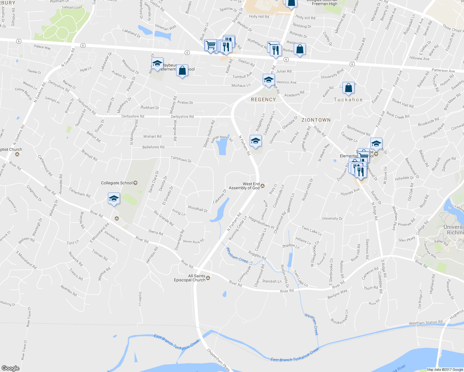 map of restaurants, bars, coffee shops, grocery stores, and more near 402 Lakeway Court in Richmond