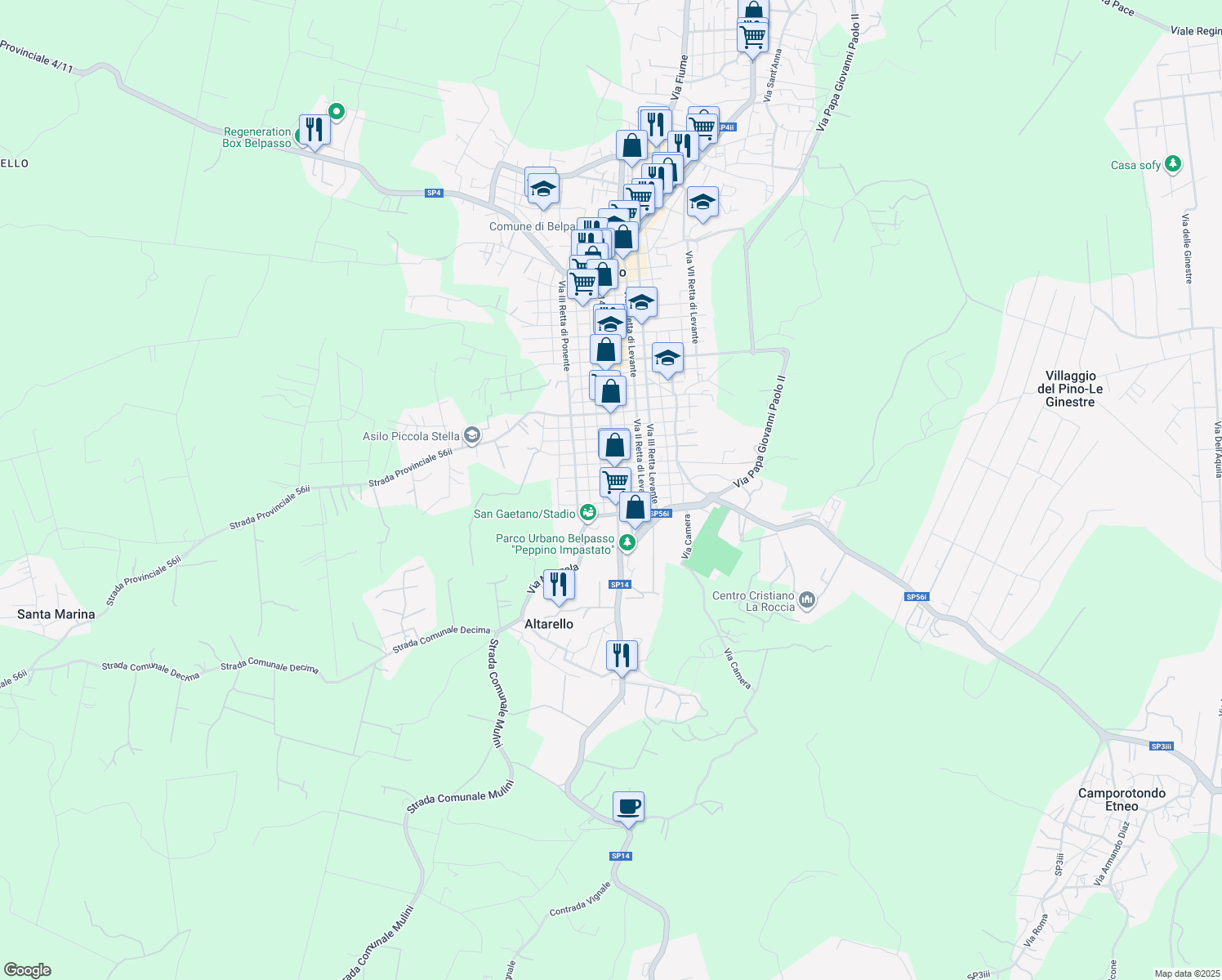 map of restaurants, bars, coffee shops, grocery stores, and more near 109 Via II Traversa in Belpasso