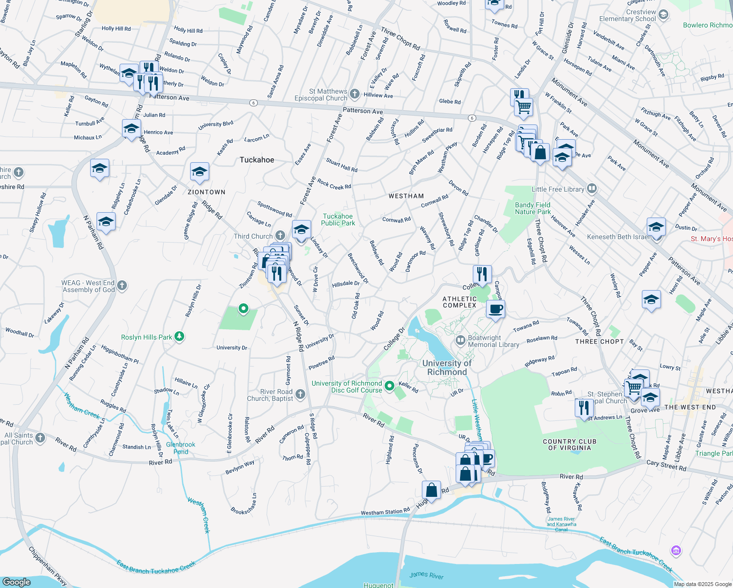 map of restaurants, bars, coffee shops, grocery stores, and more near 7002 Lakewood Drive in Richmond